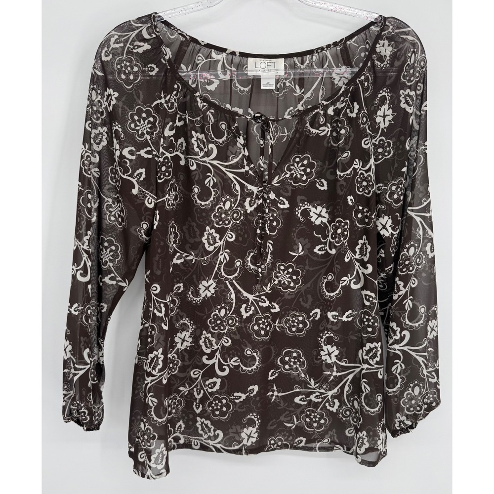 Ann Taylor Loft Petites Brown Floral Sheer Chiffon Tie Neck Blouse‎ Top Sz 4P